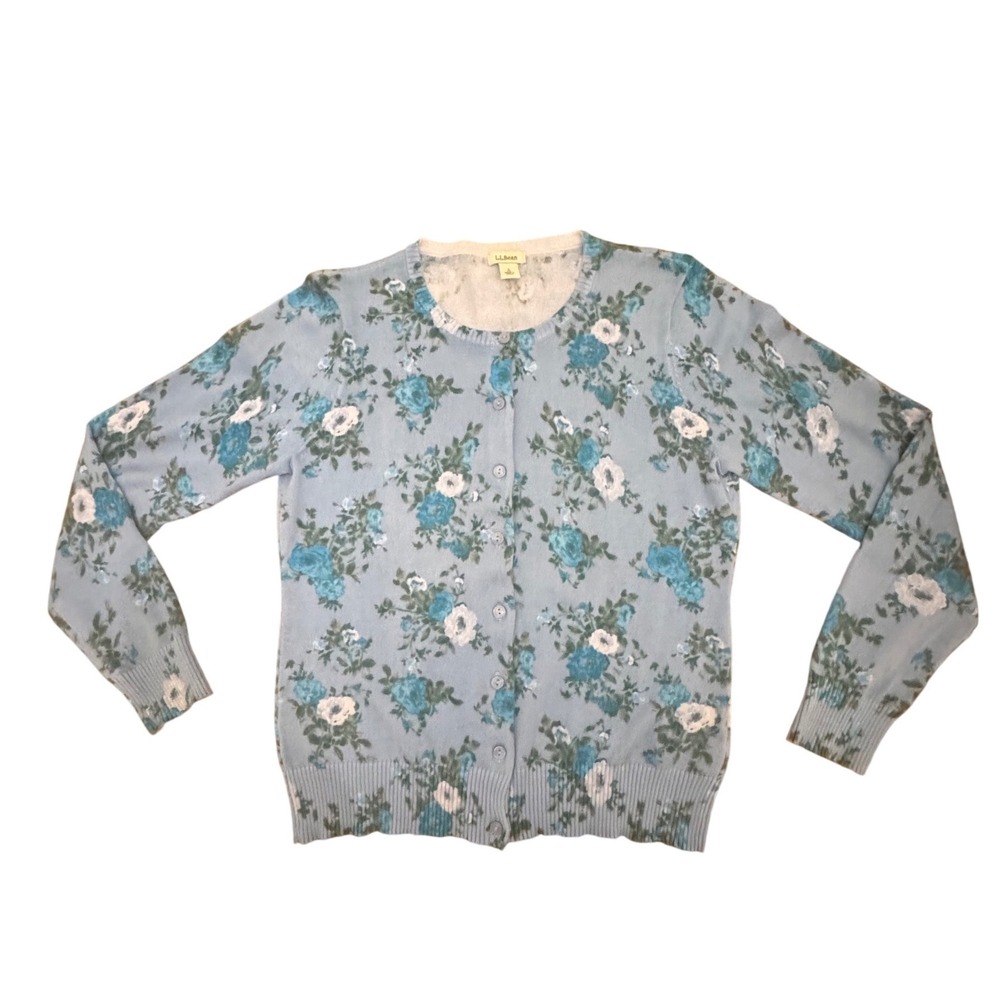 LL Bean Womens Blue Floral Supima Cotton Cardigan Sweater Small Rose Print